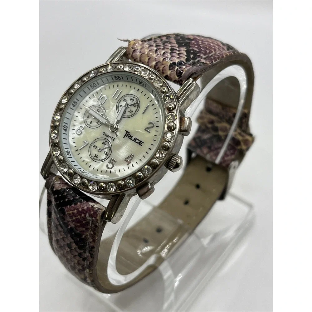 Truce Women's Quartz Watch Faux Snake Skin Band Crystal Bezel-‎ New Battery
